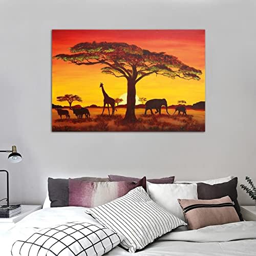 LMX SUNSET AFRICAN AFRICAN SAVANNAH DUSK SAFARI בעלי חיים ג'ירפה ג'ירפה באפלו פיל בד אמנות פוסטר ואמנות קיר תמונה מודרנית מודרנית פוסטרים תפאורה לחדר שינה 12X18 אינץ '