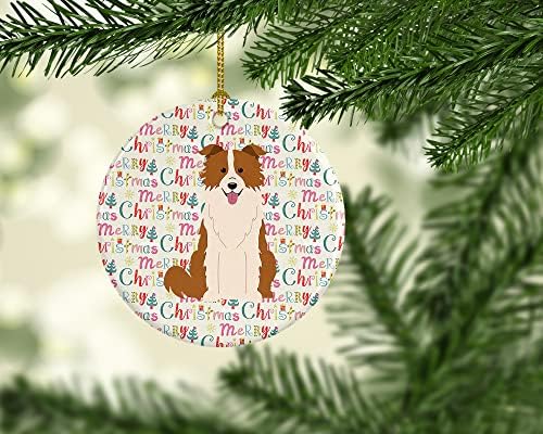 אוצרות קרוליין WDK1662CO1 גבול חג שמח קולי קישוט קרמיקה לבן אדום, רב צבעוני, קישוטים לעץ חג המולד, קישוט תלוי לחג המולד, חג, מסיבה, מתנה,
