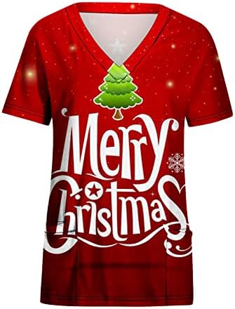 עץ חג המולד של נשים קרצוף צמרות עבודות חג חמודות עם כיסים חולצות עבודה שרוול קצר V
