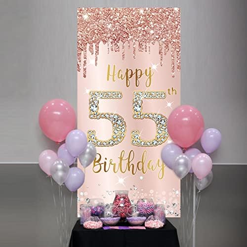 קישוטים ליום הולדת 55 דלת דלתות דלת לנשים, זהב ורוד ורוד שמח 55 ציוד למסיבות תפאורת יום הולדת, עיצוב שלט דלת יום הולדת גדול בן 55