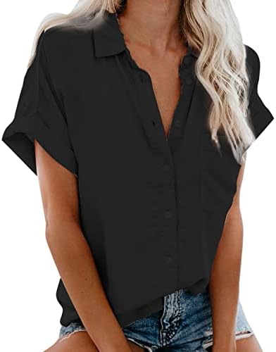 אישה אופנה סיבתי חולצה תורו למטה צווארון כפתור חולצות מוצק קצר שרוול טי חולצות 2023 קיץ בגדים