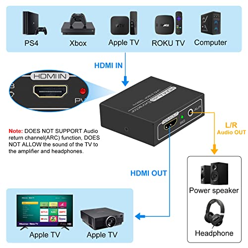 חולץ שמע HDMI, 4K HDMI ל- HDMI עם AUDIO 3.5 ממ סטריאו AUX ו- L/R RCA AUDIO OUT, תואם מתאם AUDIO AUDIO SPLITTER SPLITTER תומך 4K 1080P 3D תואם עבור מקל אש PS3 XBOX.