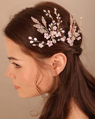 קסרלינג פרח שיער סיכות עבור כלה ורוד קריסטל כיסוי ראש לחתונה כלות פרח בנות בציר שיער אביזרי 2 יחידות