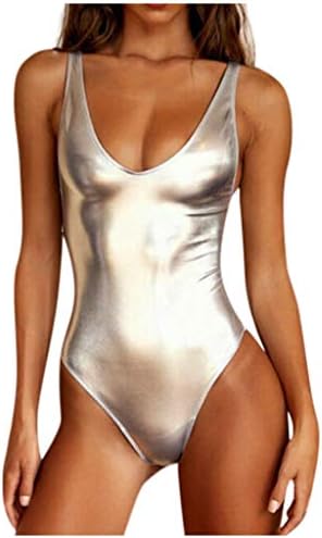 בגד ים של Hot6SL נשים, חתיכה אחת בגד ים נשים נ 'צוואר מבריק בגדי חוף מתכתיים בקרת בטן בגדי ים לנשים
