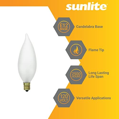 סאנלייט 40007 ליבון פטיט להבת טיפ נברשת אור הנורה, 10 ואט, 55 לומן, מנורת בסיס, ניתן לעמעום, עבור נברשות, מנורות, גופי, חלבית, 12 לספור