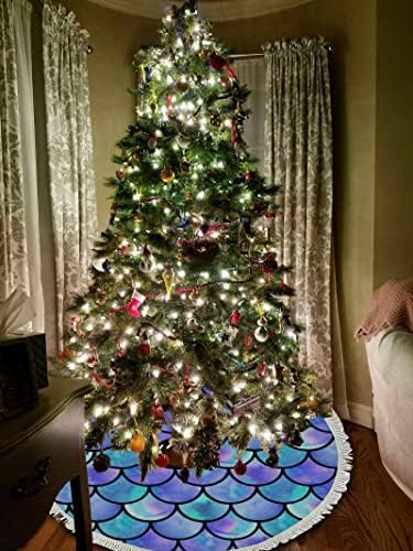 Xollar 48 אינץ 'גדול חצאית עץ חג המולד מחצלת בצבעי בת ים מים, קישוטים לעץ חג המולד לחופשת מסיבת חורף שנה חדשה עם גדילים
