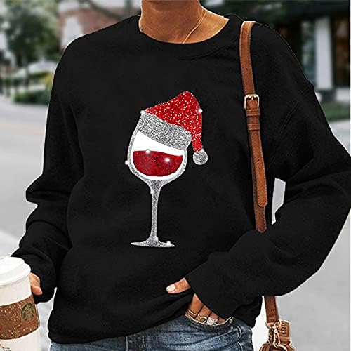 חולצת סוודר זכוכית יין אדום לחג המולד לנשים צוואר עגול שרוול ארוך סווטשירט סווטשירט סווטשירט דפסים מזדמנים