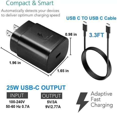 מתאם קיר אדפטיבי מהיר 25 וולט מטען עבור Samsung Galaxy Tab S8+ עם 4ft Urbanx USB C PD טעינה וכבל העברת נתונים - שחור