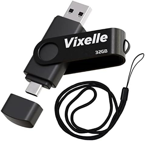 VIXELLE 32GB במהירות גבוהה USB 3.0 סוג פלאש מסוג C Type -C עם שרוך - 2in1 מקל זיכרון כפול U USB C - כונן עט מסתובב 360 ° עם לולאת מחזיק מפתח - מקל USB 32GB לסמארטפון, טאבלט ומחשב - שחור