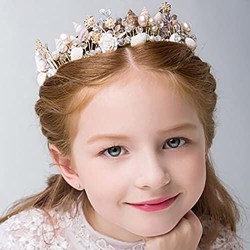 קמפסיס פרח ילדה כיסוי ראש זהב צדף כתר פרל נסיכת יום הולדת שיער חתיכה חתונה שיער אביזרי עבור נשים ובנות