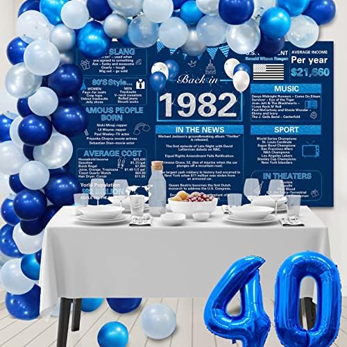 קרניקה כחולה כסף קישוטי מסיבת יום הולדת 40 - חזרה בשנת 1982 באנר ליום הולדת, בלון קשת גרלנד ומספר 40 בלון לגברים נשים 40 שנה ציוד למסיבות יום הולדת יום הולדת