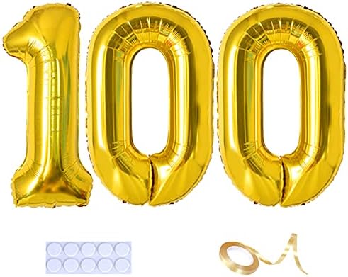 Yijunmca זהב 100 מספר בלונים ענקית ג'מבו מספר 100 32 בלון הליום תלייה בלון נייר בלוני מיילר לנשים גברים מסיבת יום הולדת 100 ציוד 100 קישוטים לאירועים, 100 זהב