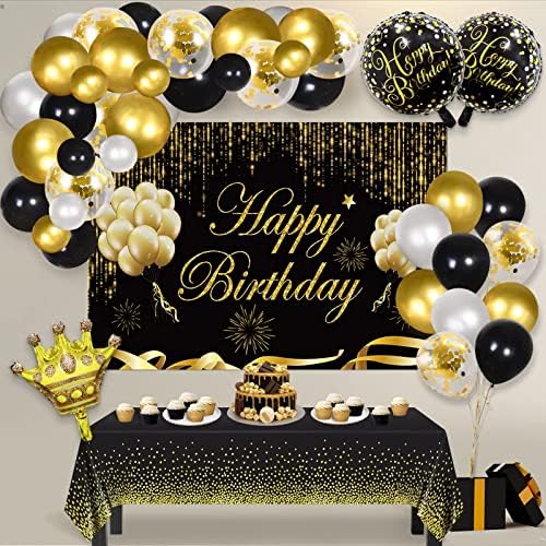 שחור וזהב מסיבת יום הולדת קישוטי סט, שחור וזהב רקע באנר, 65 חתיכות זהב שחור לטקס בלון קשת זר ערכת, יום הולדת שמח רדיד בלונים, יום הולדת ספקי צד