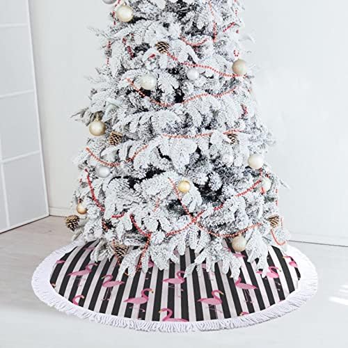 פלמינגו על פסים בשחור לבן הדפיס חצאית עץ חג המולד עם ציצית למסיבת חג מולד שמח תחת עץ חג המולד