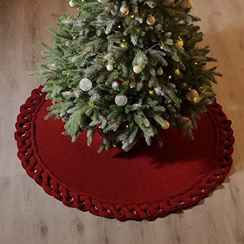 חצאית עץ חג המולד של אזוקי, 48 אינץ 'סרוג חלול החוצה תחרה כפרי חוט כבד סרוג חג המולד חג המולד, אדום