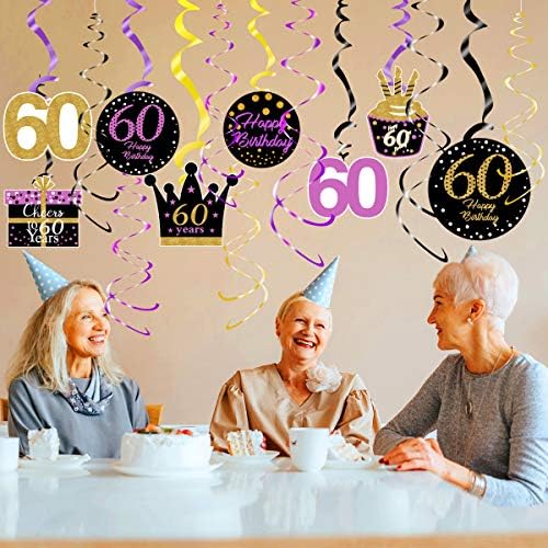 קישוטים ליום הולדת 60 לנשים סגול זהב סגול יום הולדת 60 מערבולות תלויות קישוטי מערבולת לקישוטים לסגול זהב 60 ציוד מסיבות